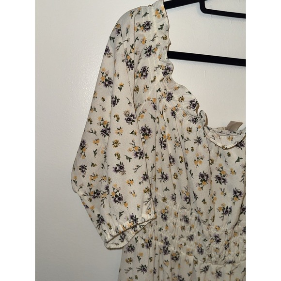 H&M Womens Casual Dress Sz XL White Floral Print Off Shoulder 1/3Balloon Sleeve - Picture 4 of 11